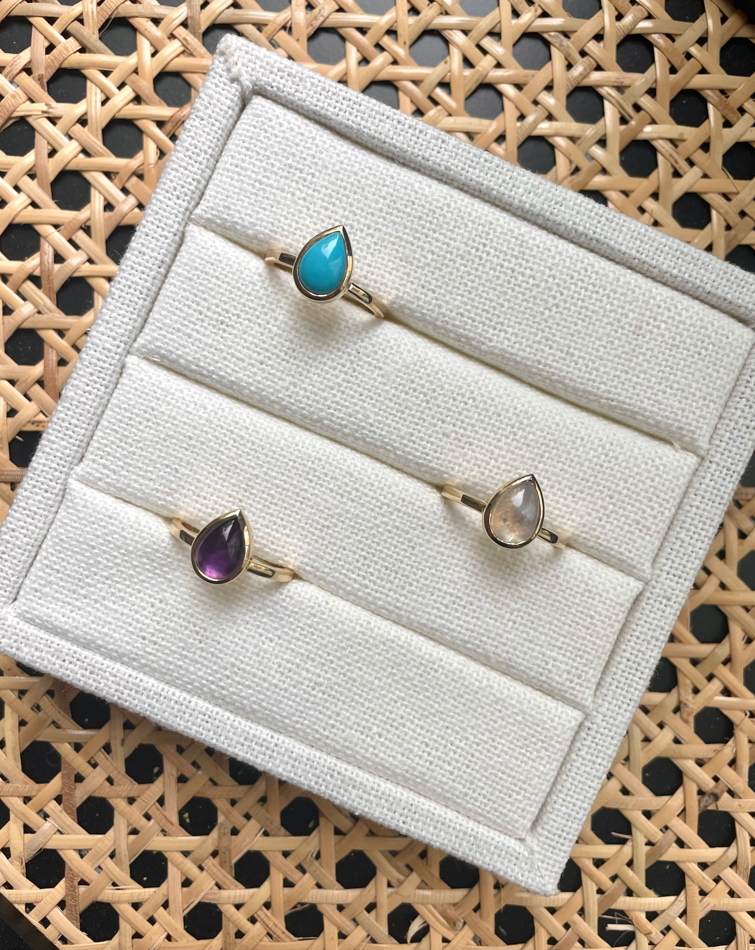 pear-shaped stone ring - rainbow moonstone with 14k gold