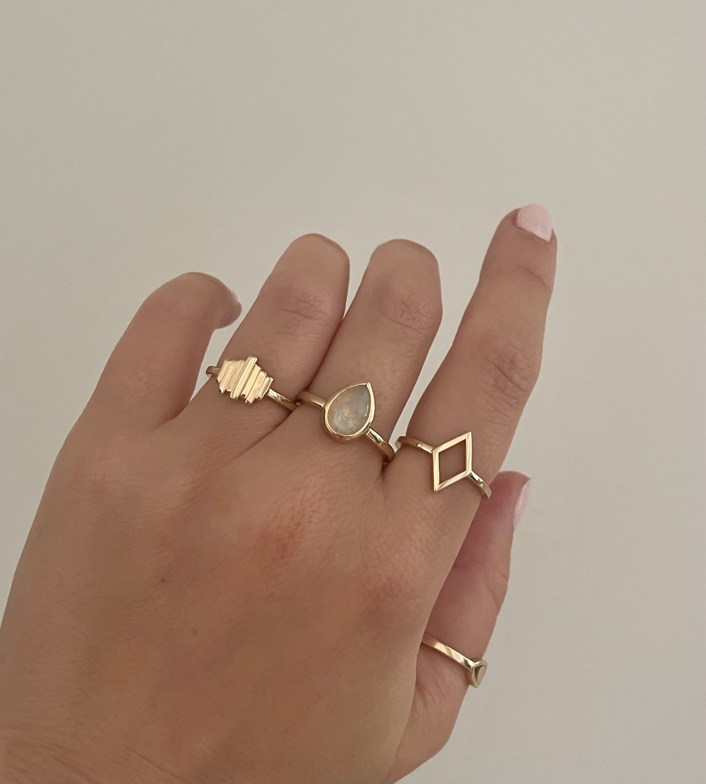 pear-shaped stone ring - rainbow moonstone with 14k gold