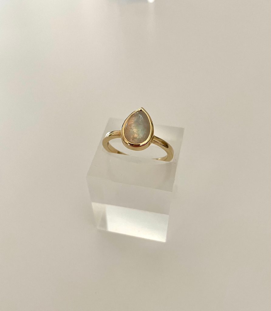pear-shaped stone ring - rainbow moonstone with 14k gold