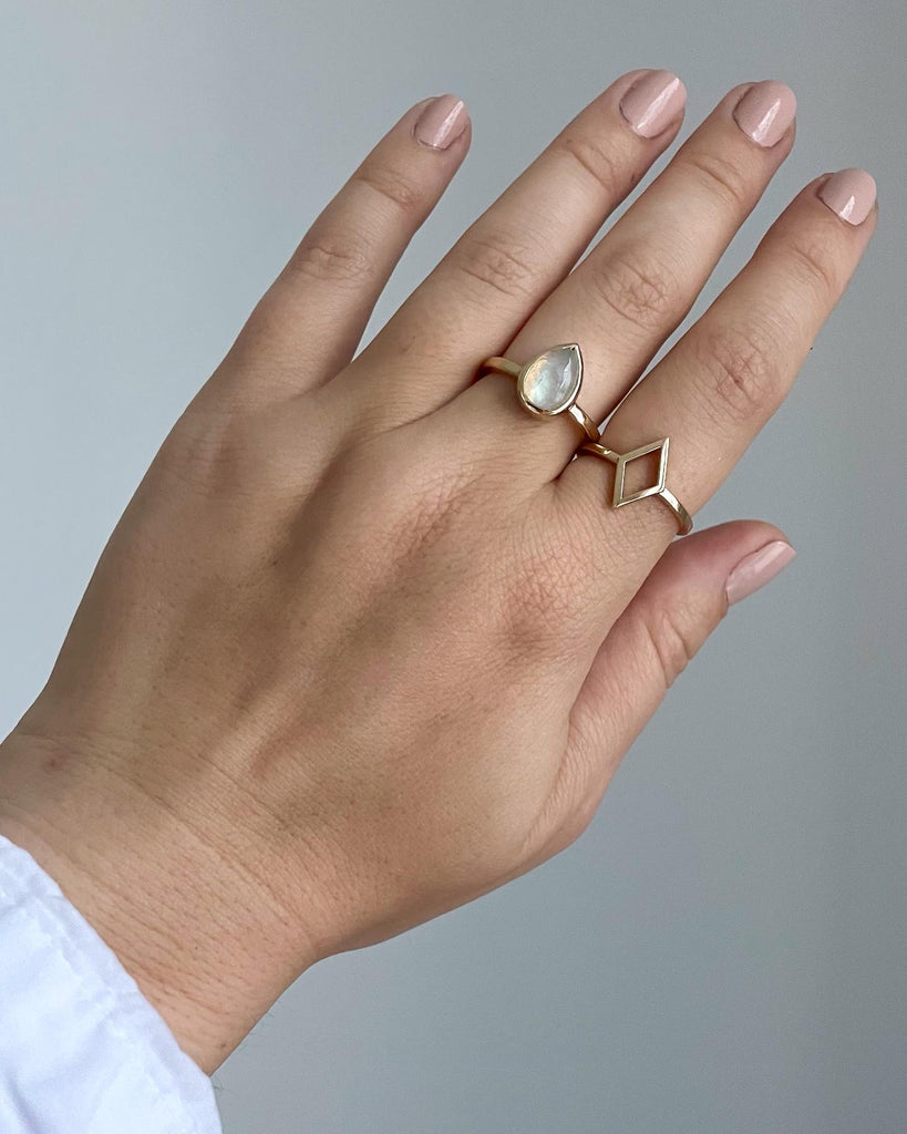 rainbow moonstone gemstone ring and the diamond outline geometric ring