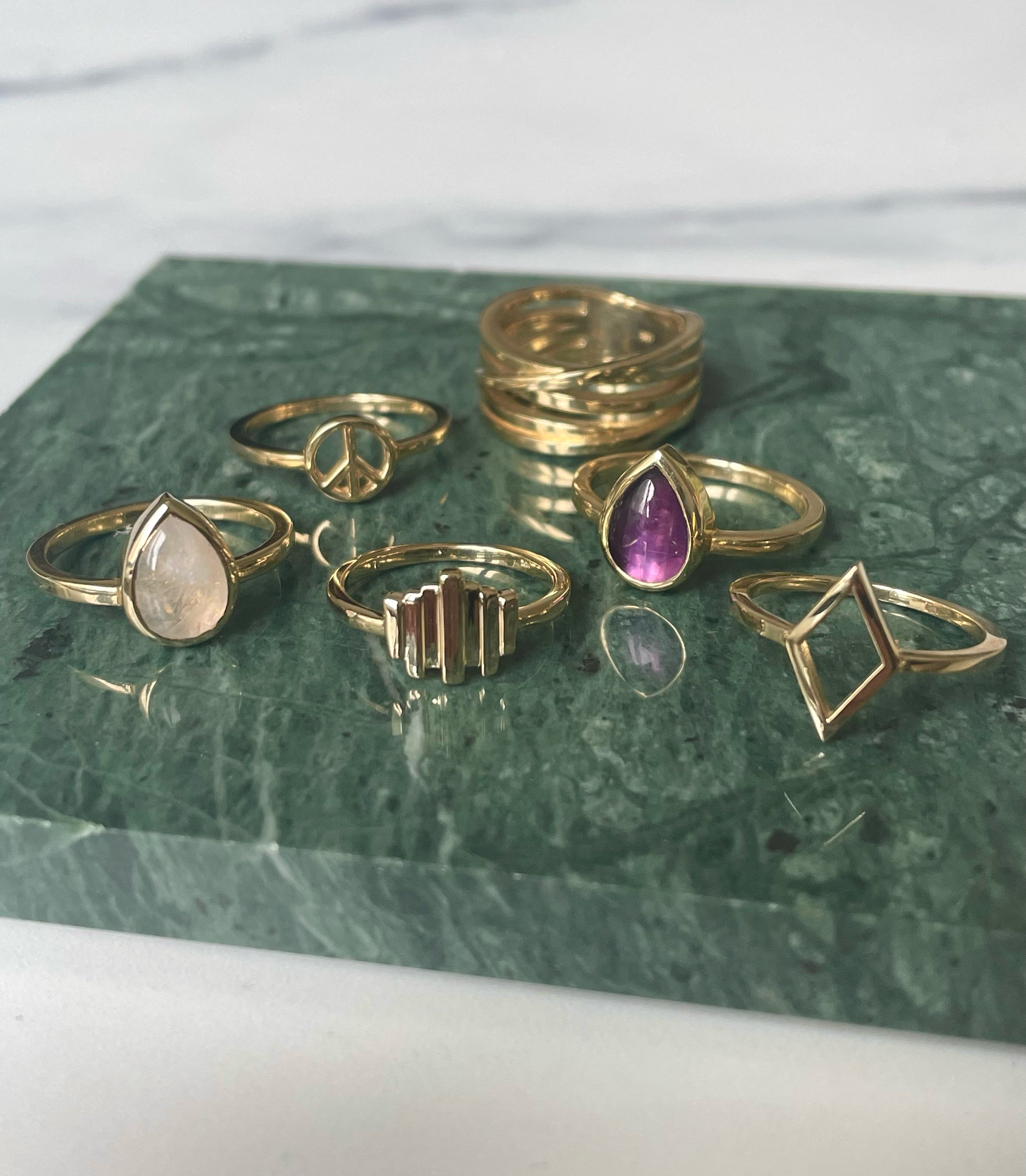 pear-shaped stone ring - rainbow moonstone with 14k gold