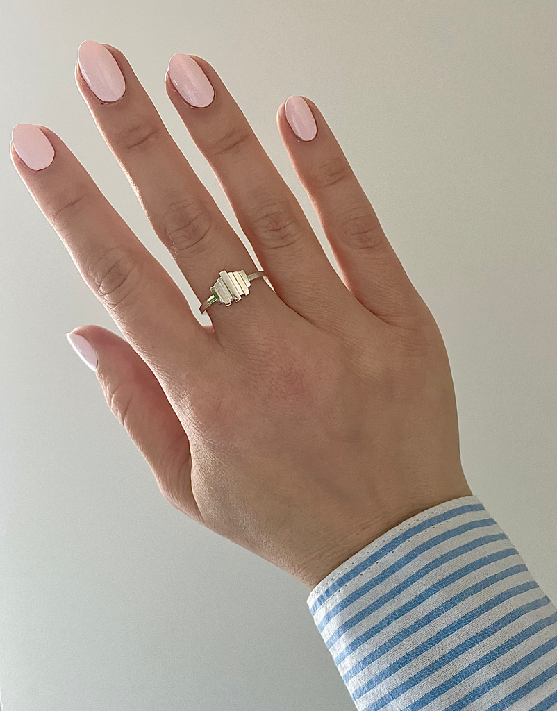 the silver art deco ring is clean and classic