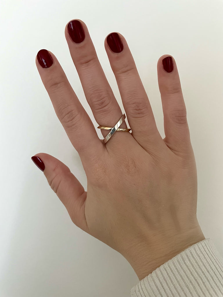 the mixed metal crossover ring - 925 silver over solid 14k gold