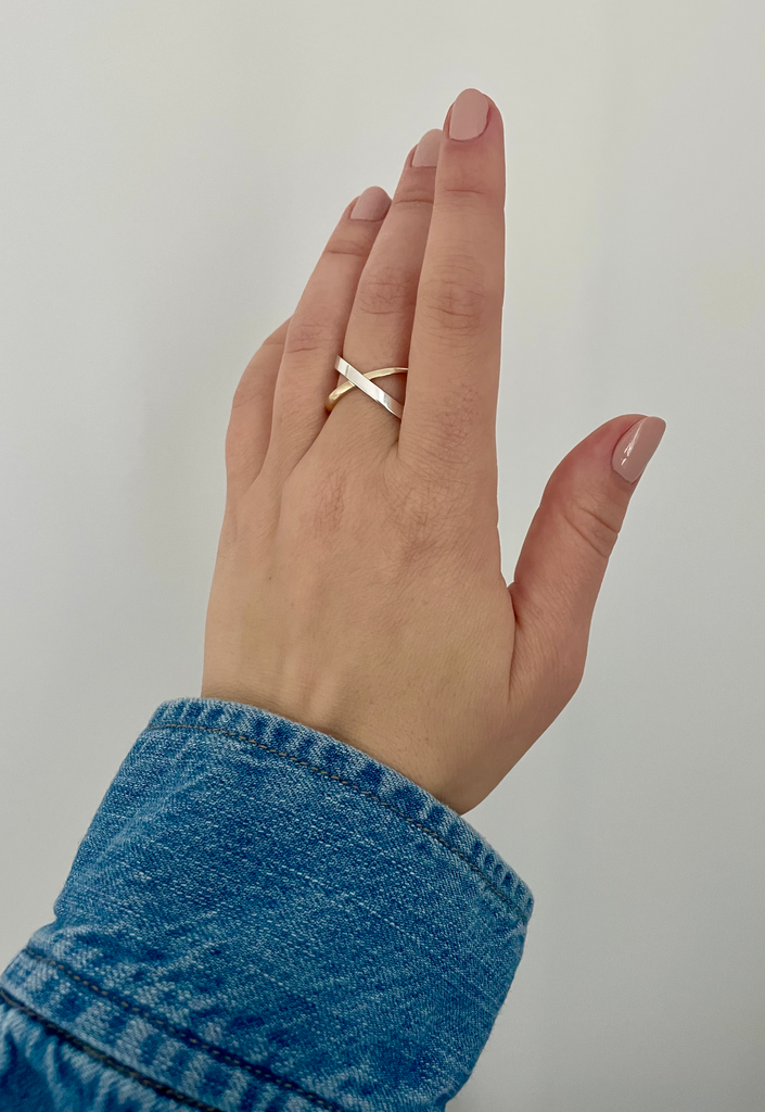 the mixed metal crossover ring - 925 silver over solid 14k gold