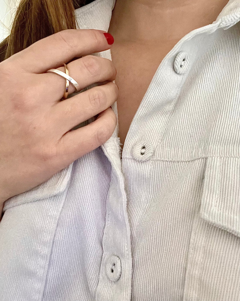 the mixed metal crossover ring - 925 silver over solid 14k gold